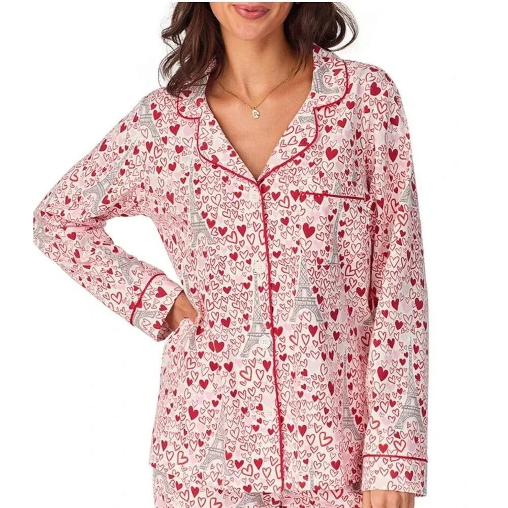 BedHead Women's Long Sleeve Button Down Pajama Top Heart Eiffel Notch Size M NEW